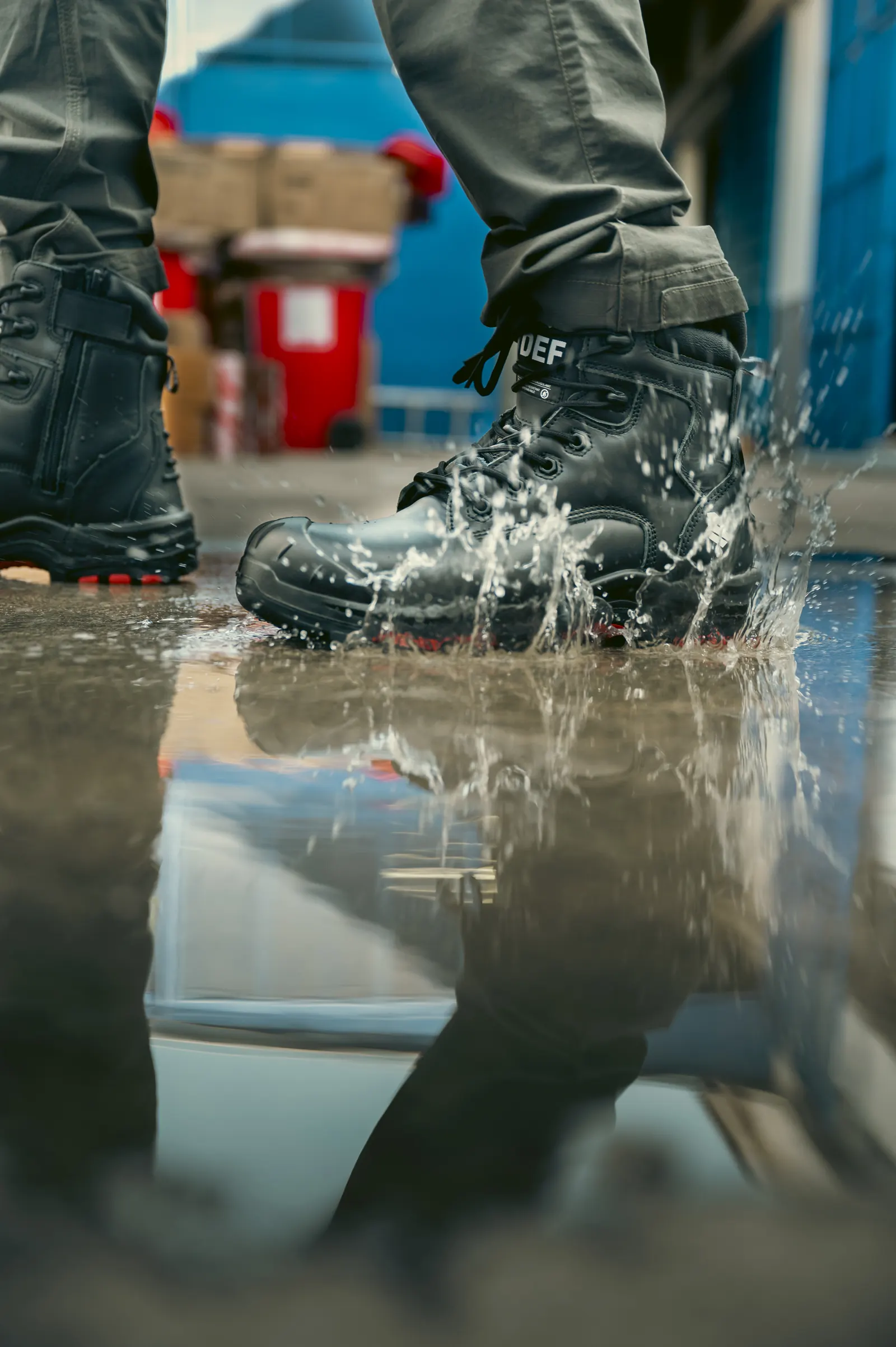 Botas de segurança DEF em piso molhado